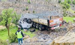 Şarampole yuvarlanan elektrik direği yüklü kamyonun şoförü öldü