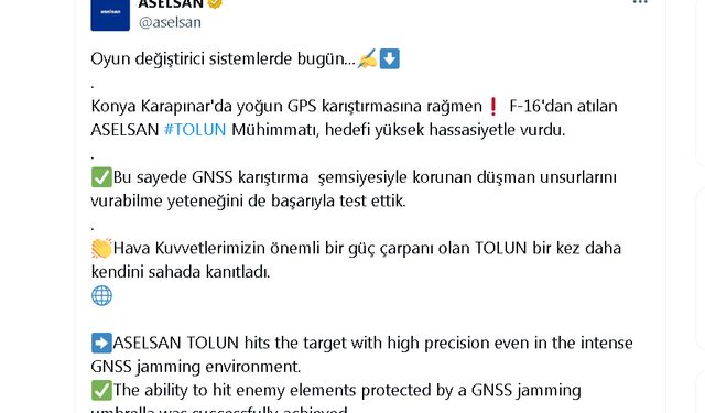 ASELSAN: TOLUN, Korunan Hedefi Yüksek Hassasiyetle Vurdu