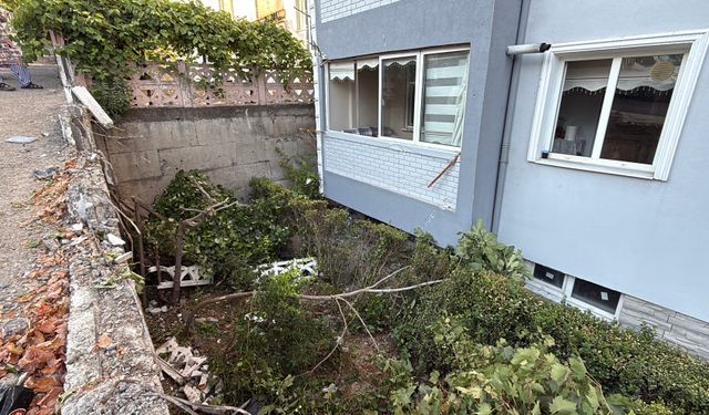 Karabük'te freni boşalan kamyonet apartmanın bahçesine düştü