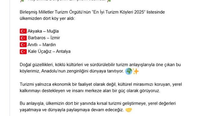 Türkiye'den 4 köy, BM'nin 'En İyi Turizm Köyleri 2025' listesinde