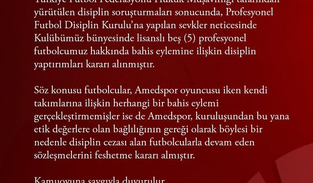 Amed Sportif Faaliyetler'de bahis soruşturmasına karışan 5 futbolcuyla yollar ayrıldı