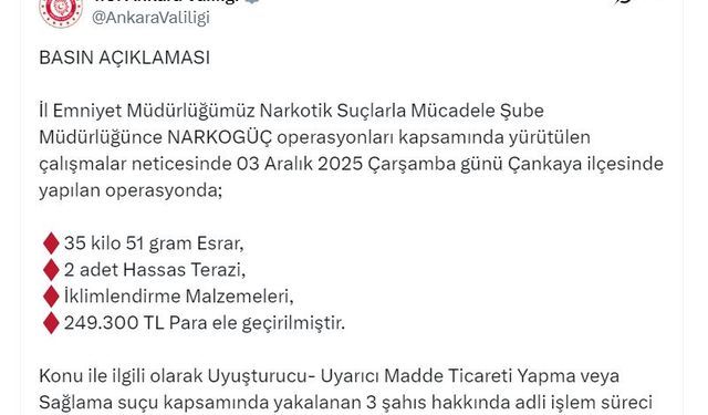 Ankara'da 35 kilo esrar ele geçirildi