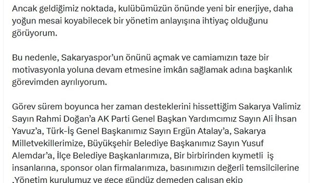 Sakaryaspor Başkanı Kıratlı istifa ettiğini açıkladı