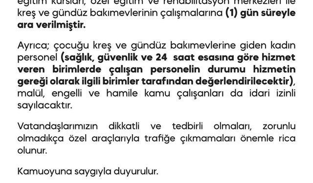 Diyarbakır'da özel eğitim kursları, rehabilitasyon merkezleri ve kreşlere 1 gün kar tatili