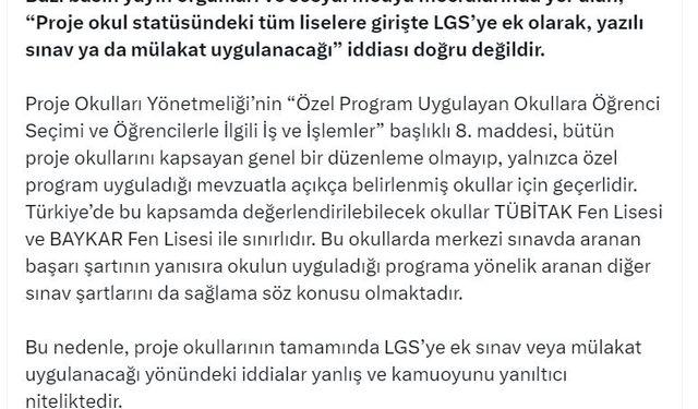 DMM: 'Proje okullarda ek sınav ya da mülakat uygulanacak' iddiası doğru değil