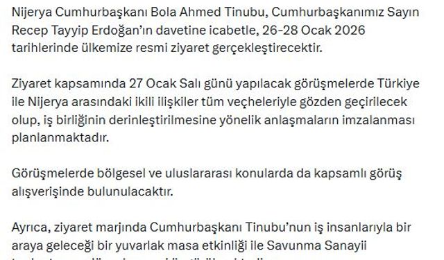Nijerya Cumhurbaşkanı Tinubu, Türkiye'ye geliyor
