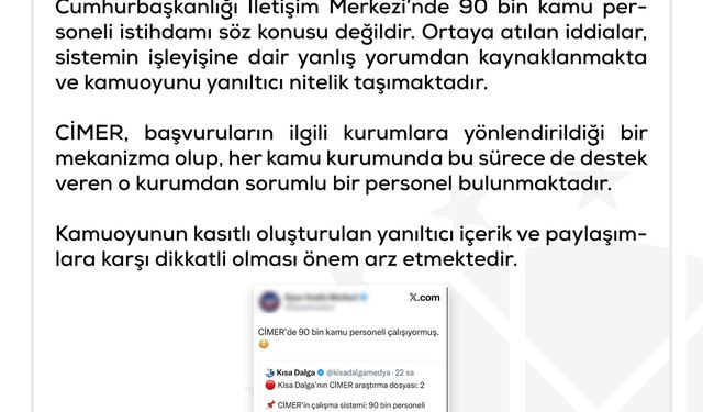 DMM: 'CİMER'de 90 bin kişinin görev yaptığı' iddiası doğru değildir