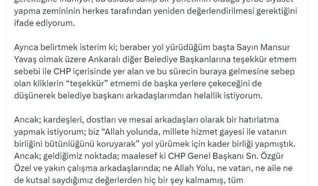Keçiören Belediye Başkanı Özarslan: CHP üyeliğimden istifa ediyorum
