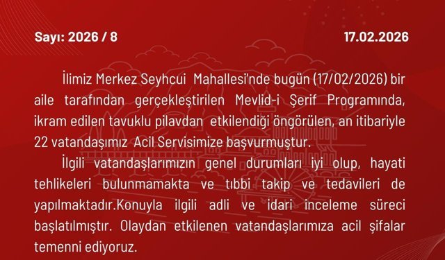Mevlit yemeği sonrası 22 kişi zehirlenme şüphesiyle hastaneye kaldırıldı