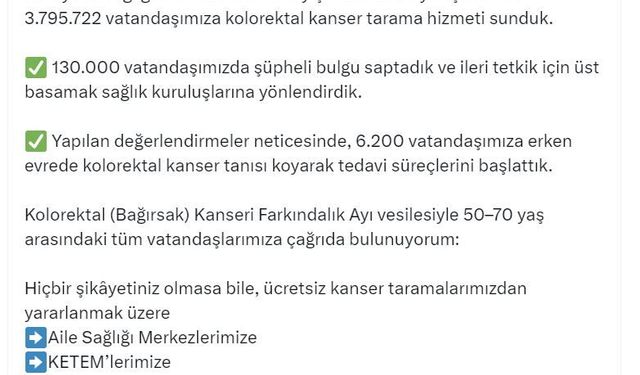 Bakan Memişoğlu: 2025'te 3 milyon 795 bin 722 vatandaşımıza kolorektal kanser tarama hizmeti sunduk