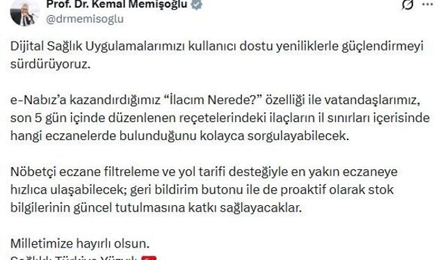 e-Nabız'a 'İlacım Nerede' özelliği eklendi
