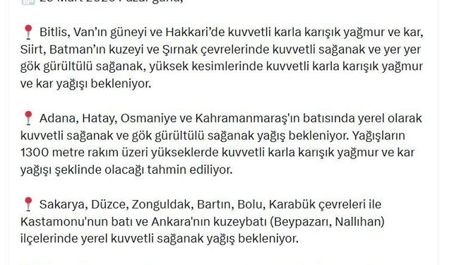 İçişleri Bakanlığından 18 il için kar ve sağanak uyarısı