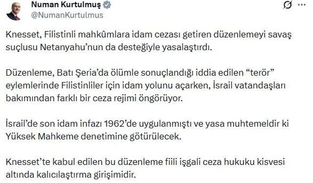Kurtulmuş: Bir topluluğa idam, diğerine başka yaptırım öngören yaklaşım apaçık zulümdür