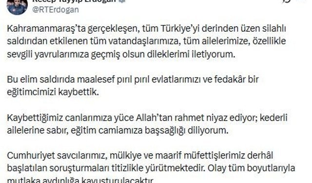 Cumhurbaşkanı Erdoğan: Eğitim camiamıza başsağlığı diliyorum