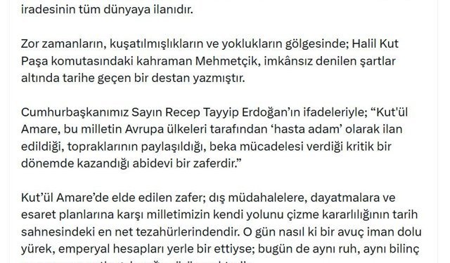 İletişim Başkanı Duran'dan 'Kut'ül Amare Zaferi' paylaşımı