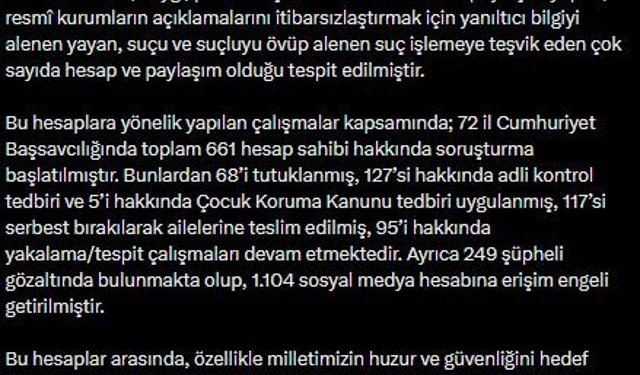 İletişim Başkanlığı: Okullardaki saldırılara ilişkin 661 hesap sahibi hakkında soruşturma başlatıldı