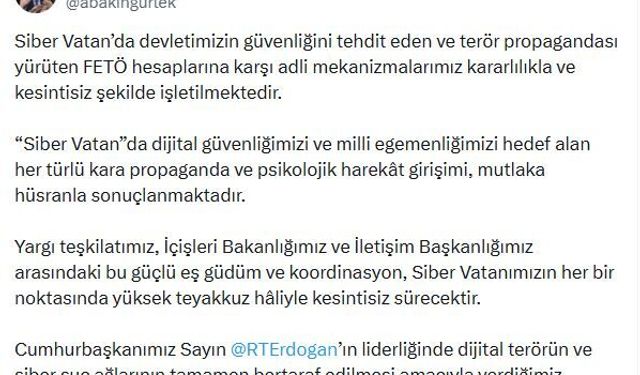 Bakan Gürlek: FETÖ hesaplarına karşı adli mekanizmalarımız kesintisiz işletilmektedir
