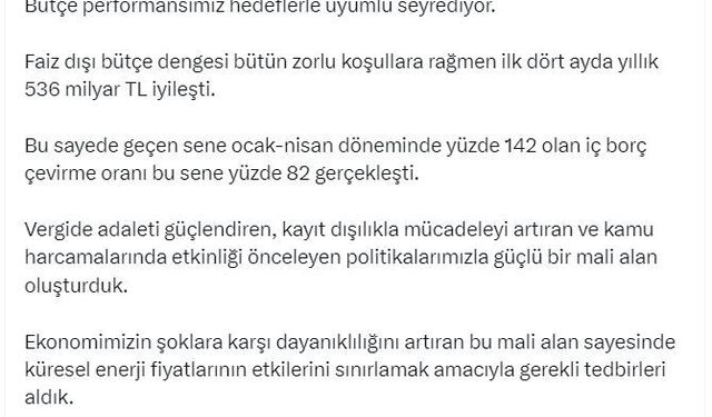 Bakan Şimşek: Bütçe performansımız hedeflerle uyumlu seyrediyor