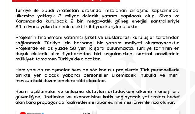 DMM: 'Suudi Arabistan ile yapılan enerji santral anlaşmasının Türkiye lehine hiçbir maddesi bulunmadığı' iddiası dezenformasyon