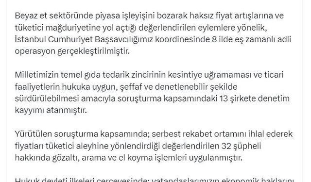 Bakan Gürlek: Beyaz et sektöründeki 13 şirkete denetim kayyımı atandı