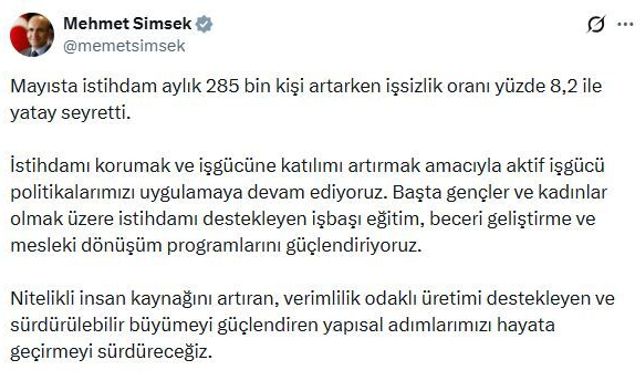 Bakan Şimşek: Aktif iş gücü politikalarımıza devam ediyoruz