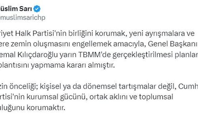 CHP Sözcüsü Sarı: Kılıçdaroğlu, yarın grup toplantısı yapmayacak