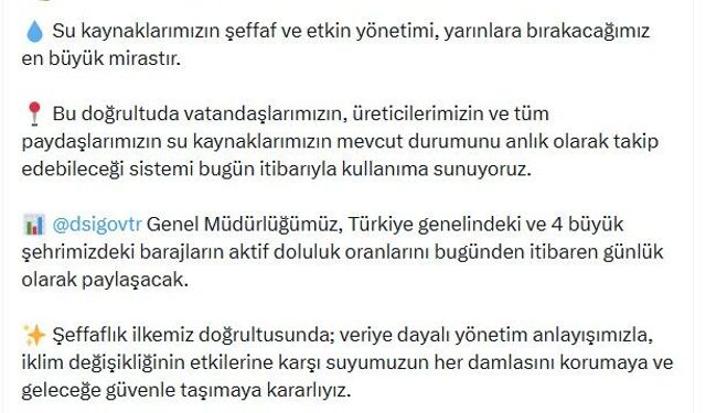 DSİ, barajların aktif doluluk oranlarını günlük paylaşacak