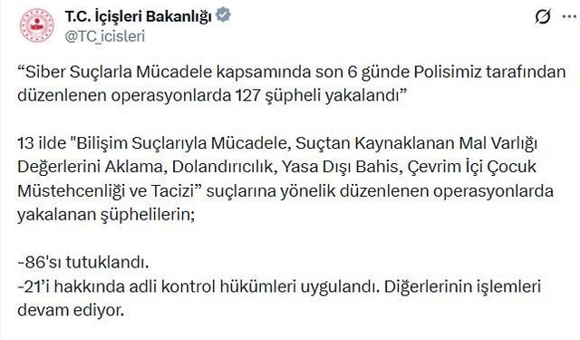 13 ilde siber suç operasyonları: 86 tutuklama