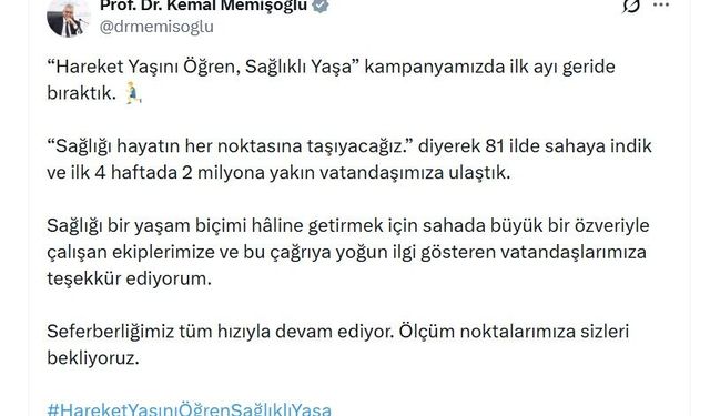 Bakan Memişoğlu: 'Hareket Yaşını Öğren, Sağlıklı Yaşa' kampanyamızda 2 milyona yakın vatandaşımıza ulaştık