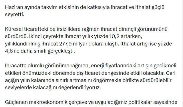 Bakan Şimşek: Cari açığın sürdürülebilir seviyelerde kalacağını değerlendiriyoruz