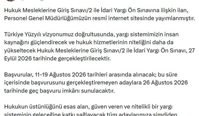 Hukuk Mesleklerine Giriş ve İdari Yargı Ön Sınavı 27 Eylül'de yapılacak