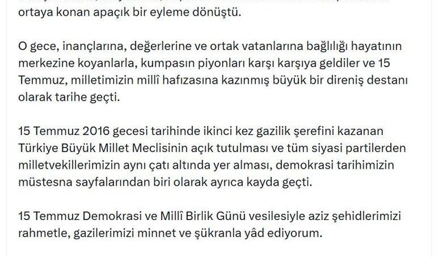 TBMM Başkanı Kurtulmuş'tan '15 Temmuz' mesajı