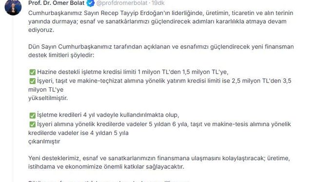 Bakan Bolat: Esnaf desteklerimiz ekonomimize önemli katkı sağlayacak