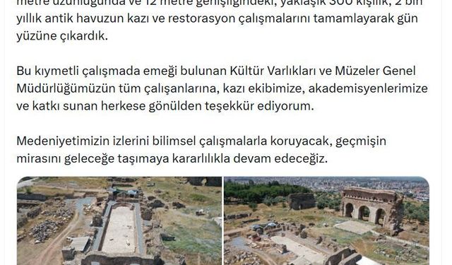Bakan Ersoy: Tralleis'te 2 bin yıllık antik havuz gün yüzüne çıkarıldı