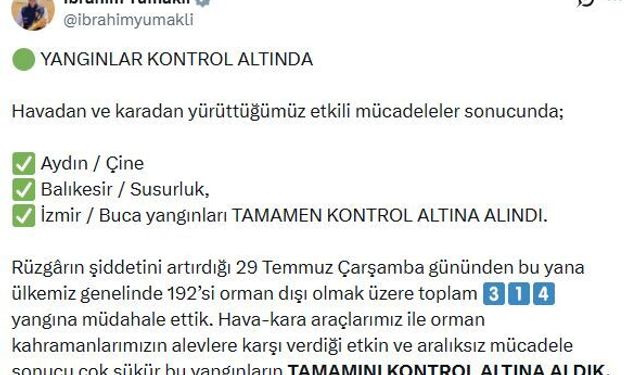 Bakan Yumaklı: Buca, Çine ve Susurluk'taki orman yangınları kontrol altında