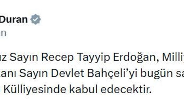 Cumhurbaşkanı Erdoğan, Bahçeli'yi kabul edecek
