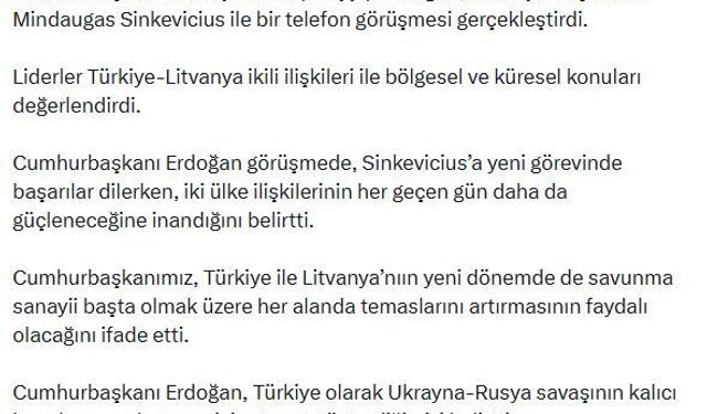 Cumhurbaşkanı Erdoğan, Litvanya Başbakanı Sinkevicius ile görüştü