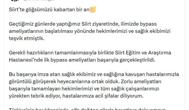Siirt Eğitim ve Araştırma Hastanesi'nde ilk bypass ameliyatları başarıyla gerçekleştirildi