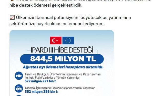 Bakan Yumaklı: Ağustosta 844,5 milyon TL hibe destek ödemesi yaptık