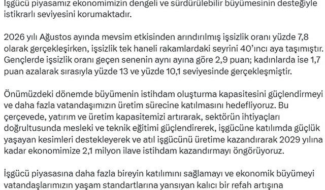 Cumhurbaşkanı Yardımcısı Yılmaz: İş gücü piyasamız istikrarlı seviyesini korumaktadır