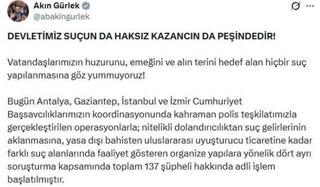Organize suç yapılarına yönelik 4 ilde 137 şüpheli hakkında işlem başlatıldı
