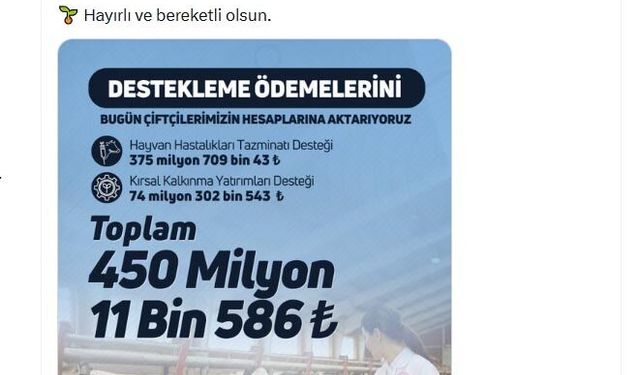 Üreticilere 450 milyon TL tarımsal destek