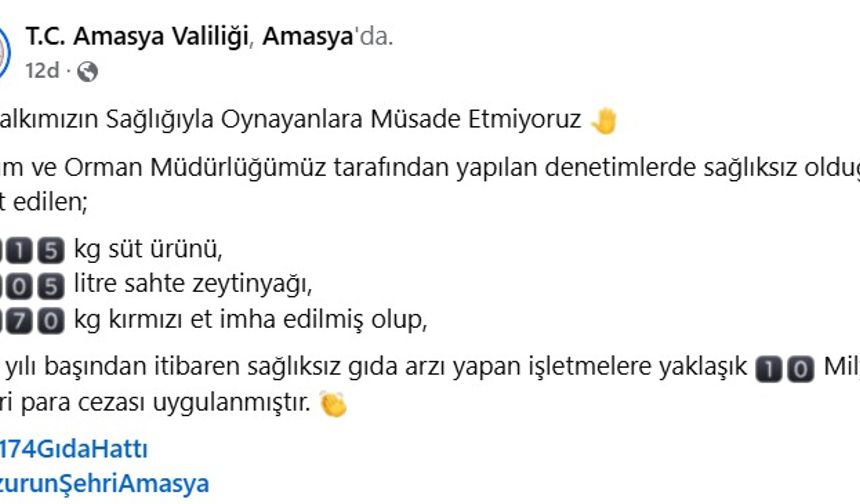 Amasya’da sağlıksız gıda denetimleri; 10 milyon TL ceza