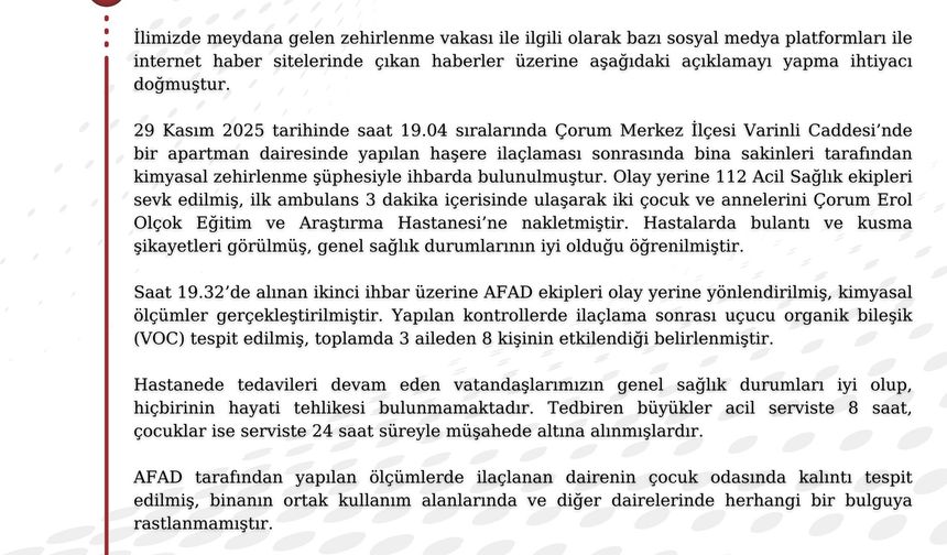 Çorum'da 8 kişi, zehirlenme şüphesiyle hastaneye kaldırıldı