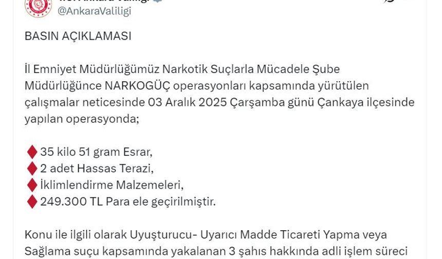 Ankara'da 35 kilo esrar ele geçirildi