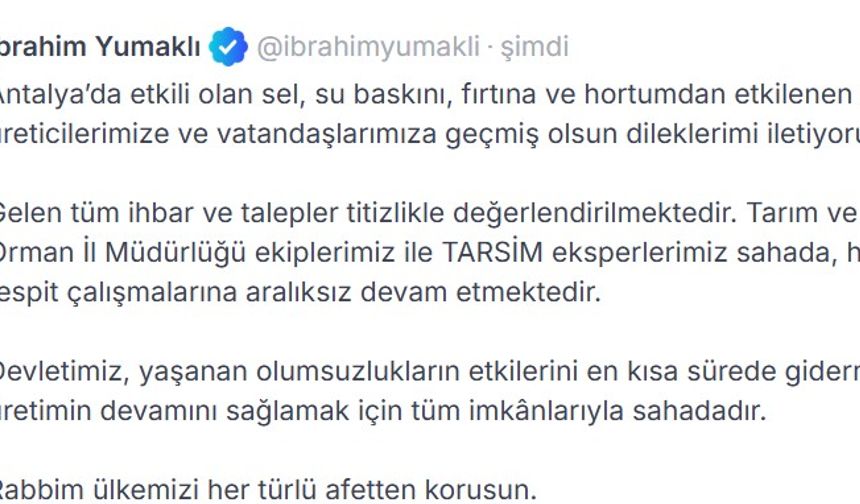 Bakan Yumaklı: Antalya'da sel ve fırtına sonrası hasat tespit çalışmaları sürüyor