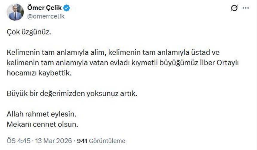 AK Parti Sözcüsü Çelik'ten İlber Ortaylı için taziye mesajı