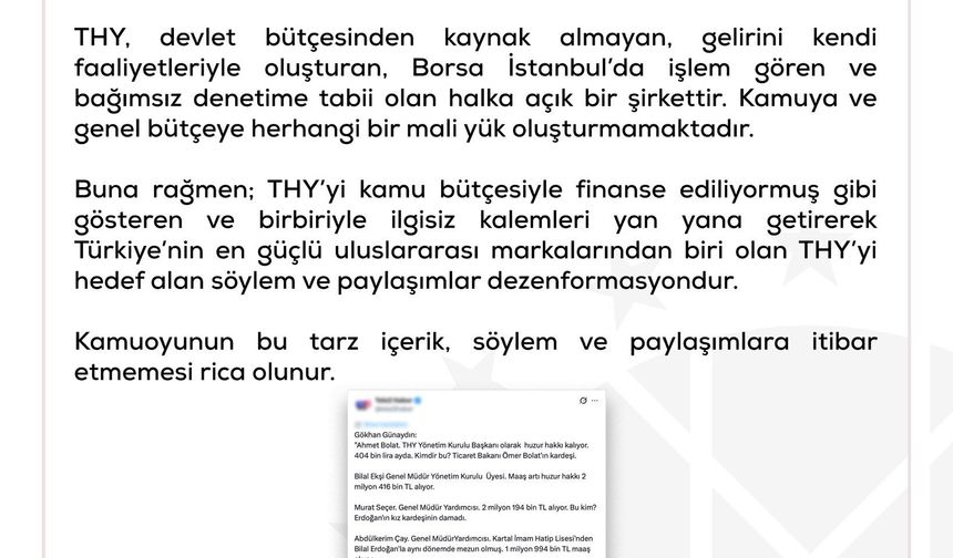 DMM: Türk Hava Yolları'na ilişkin ortaya atılan iddialar dezenformasyon içermektedir