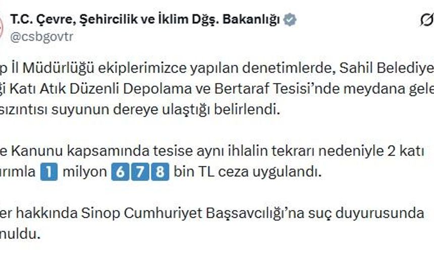 Sinop'ta dereyi kirleten katı atık tesisine ceza