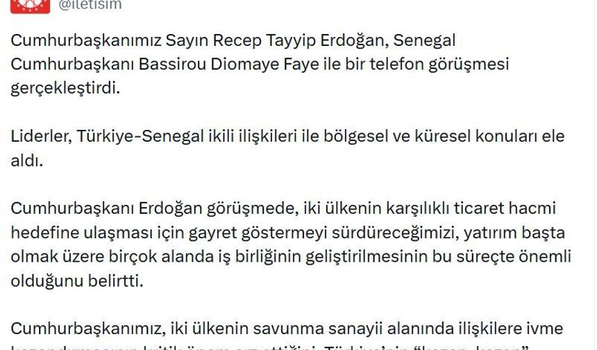 Cumhurbaşkanı Erdoğan, Senegal Cumhurbaşkanı Faye ile telefonda görüştü